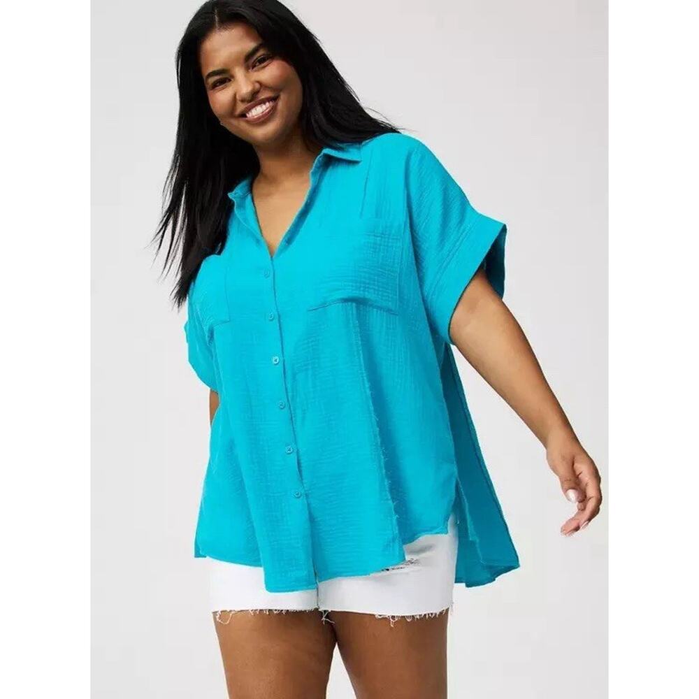 Torrid Size 1X Blue Gauze Button Front Oversized Relaxed Dolman Cotton Tunic